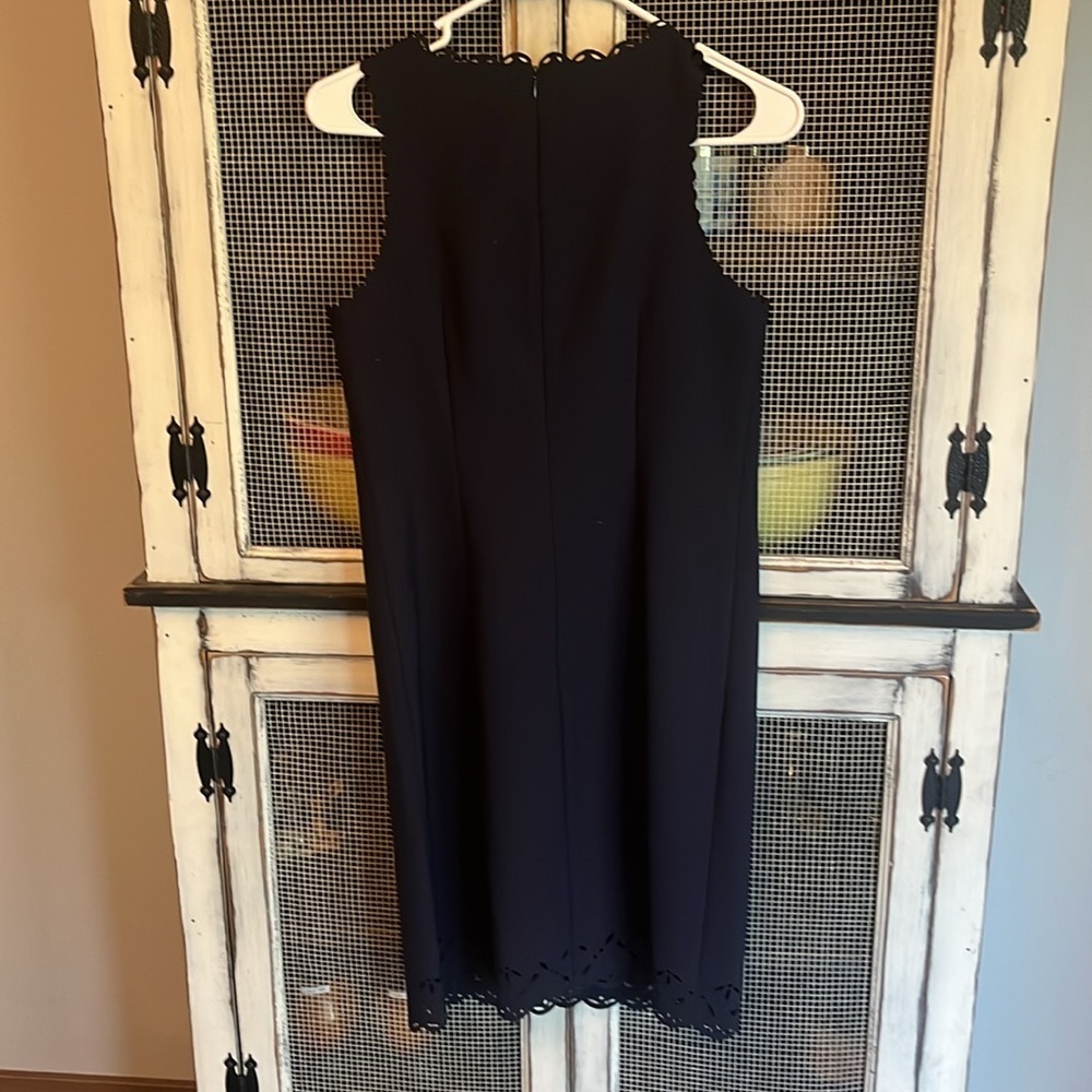 J. Crew Women’s Navy Laser-Cut Floral Scalloped Sheath Office Old Money Dress - Picture 6 of 10
